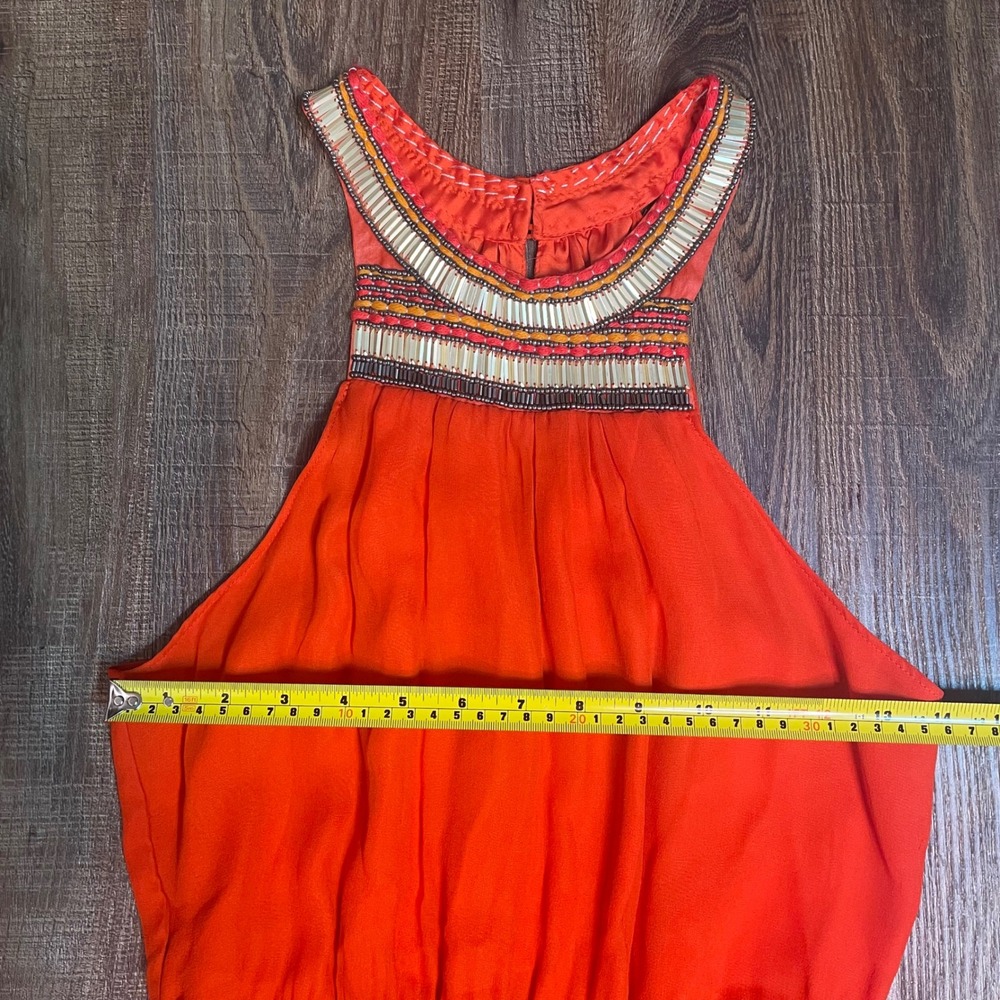 Charlie Jade Orange 100% Silk Beaded Halter Maxi Dress Side Slit C2324-ORG NEW - Picture 6 of 9
